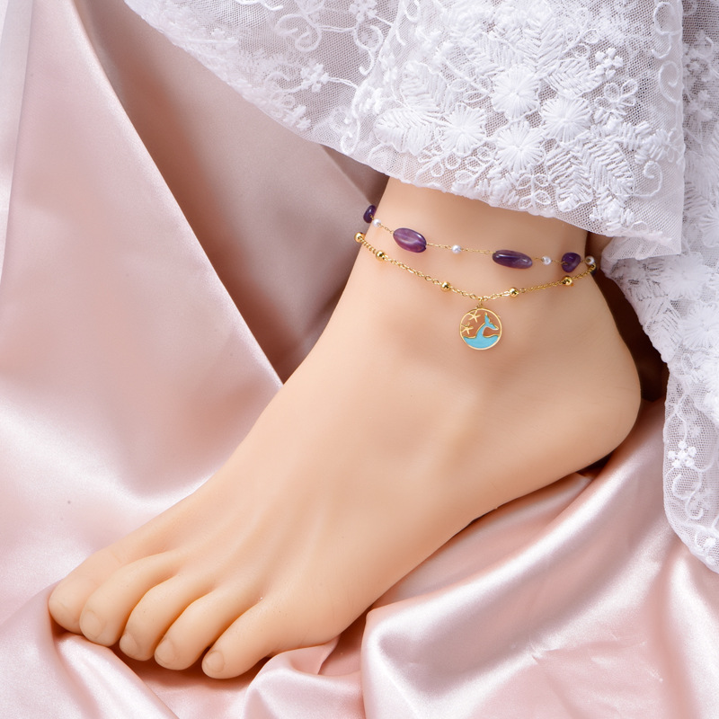 Cross-border Ocean Wind Purple Natural Stone Transfer Foot Ring Round Bead Starfish Dolphin Anklet Titanium Steel Waterable Jewelry