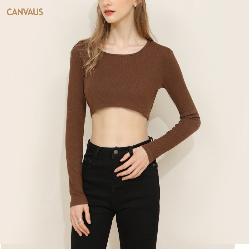 Canvaus Long-Sleeved Bottoming Shirt for Women, Autumn Short Style T-Shirt, Can Be Worn Inside or Outside, Solid Color, Slimming, Round Neck Top for Petite Figures