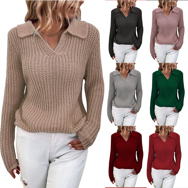 Cross-Border 2026 Amazon Autumn and Winter New Sweater with Lapel, Solid Color, Slim Fit, Cross-Border Round Neck Knitted Foreign Trade Sweater for Women