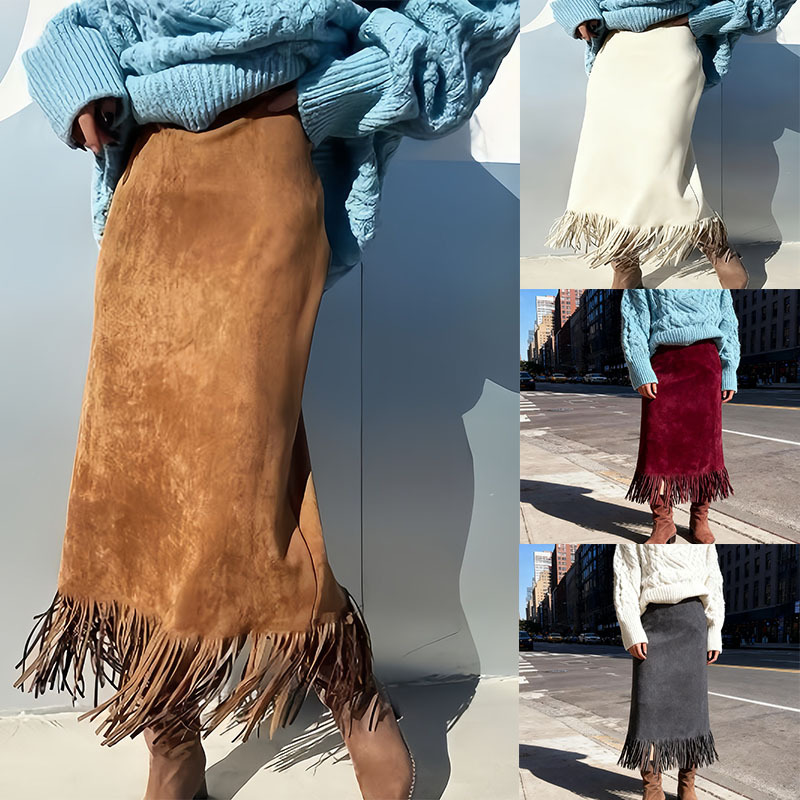 2026 European and American Women's Fashionable and Elegant Autumn and Winter Long Suede Skirt with Tassels, Comfortable and Slim-Fitting H-Shaped Design