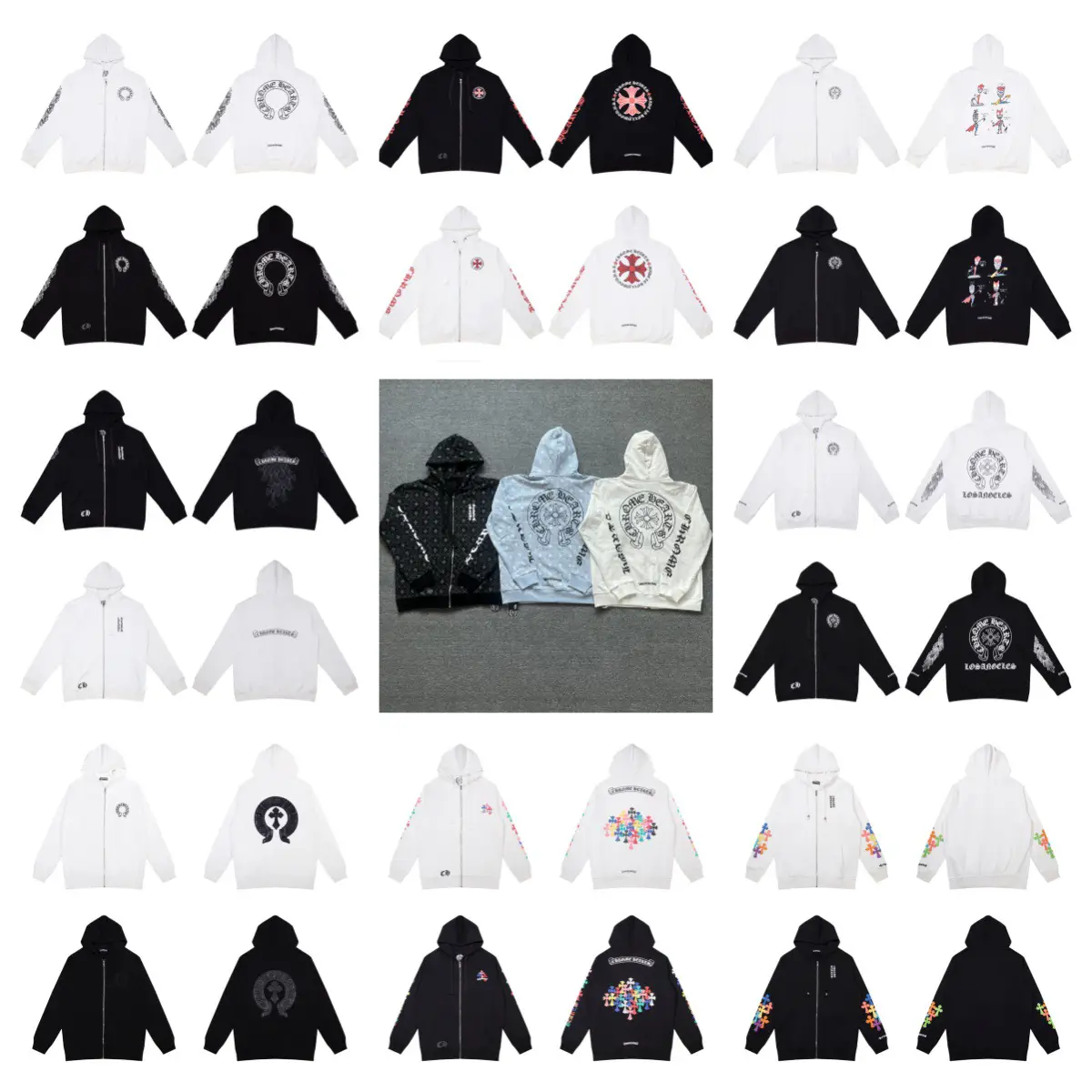 Foreign Trade Trendy Brand Chrome Heart Pure Cotton Terry Zipper Cardigan Hooded Sweatshirt Ready for Sale