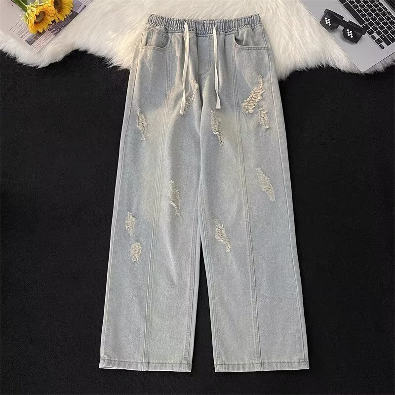 Light Color Thin Ripped Jeans Men's Summer High Street Vibe Fashion Brand Loose Street Hip Hop Wide Leg Casual Pants