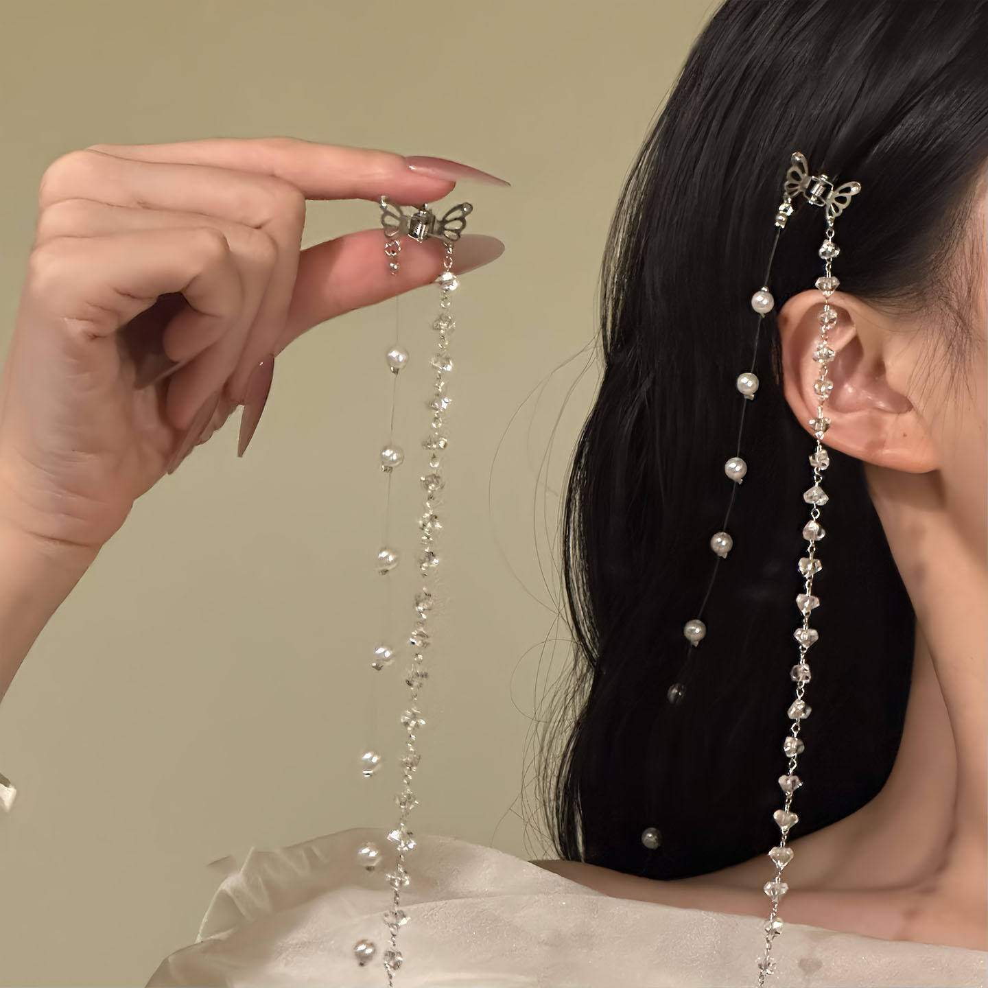 Hollow Butterfly Glass Pearl Long Tassel Hairpin Super Fairy Elegant Accessible Luxury High-End Grab Clip Niche Versatile Hair Accessory