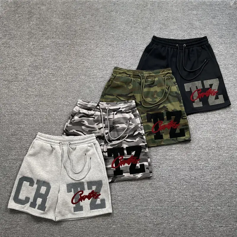 Corteiz Camouflage Shorts, Trendy High Street Letter Embroidery, Fleece-Lined Drawstring Camouflage Shorts, Fog