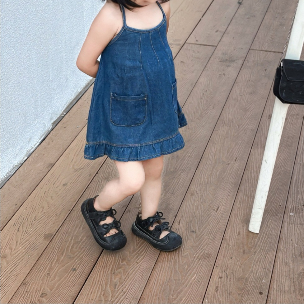 Girls Summer Dress Baby Fashionable Kidsren's Stylish Trendy Brand Korean Style Denim Princess Halterneck Suspender Skirt