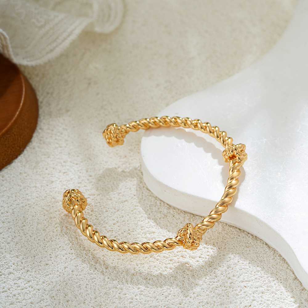 14K Gold Open Bracelet with Adjustable Knot Design, Braided Texture, European and American Style, Amazon Cross-Border Jewelry