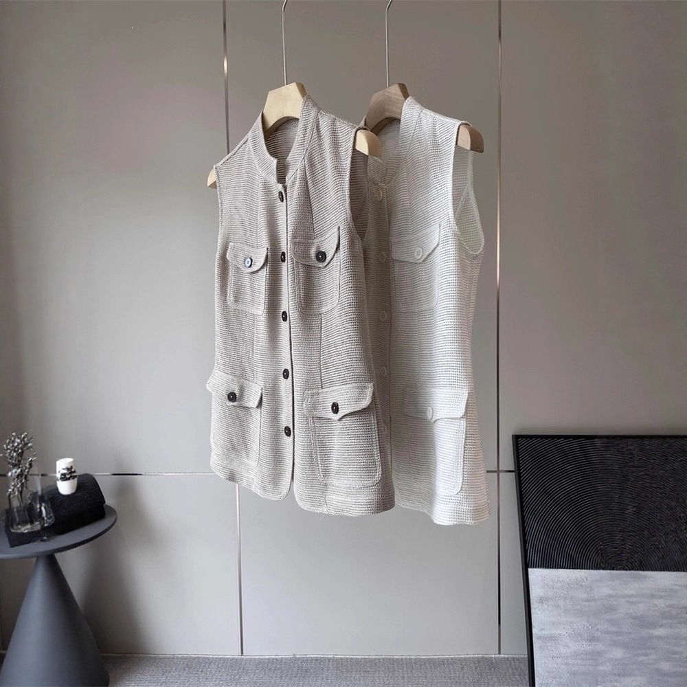 Expensive!~! Linen Woven Mesh Texture with Metallic Threads, Stand-Up Collar Vest, One Piece Available for Dropshipping