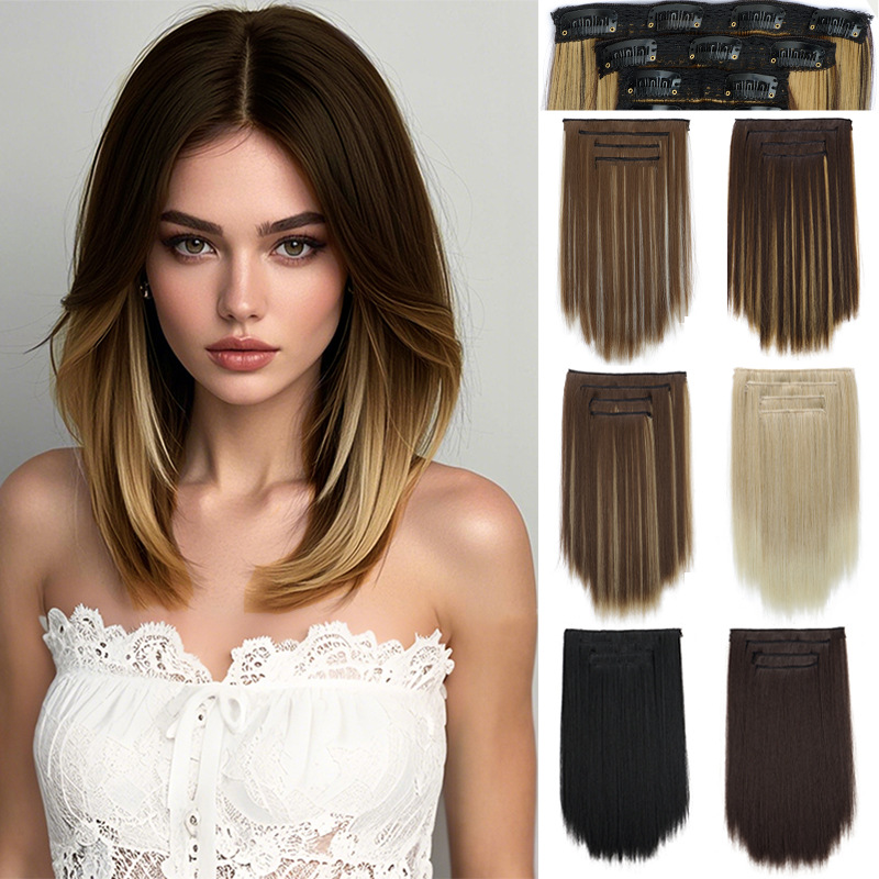 European and American Wigs for Women with Long Straight Hair, Four-Piece Set of Medium-Long Hair, Natural Fluffy Hair Extensions, Wig Clips, Hair Extensions
