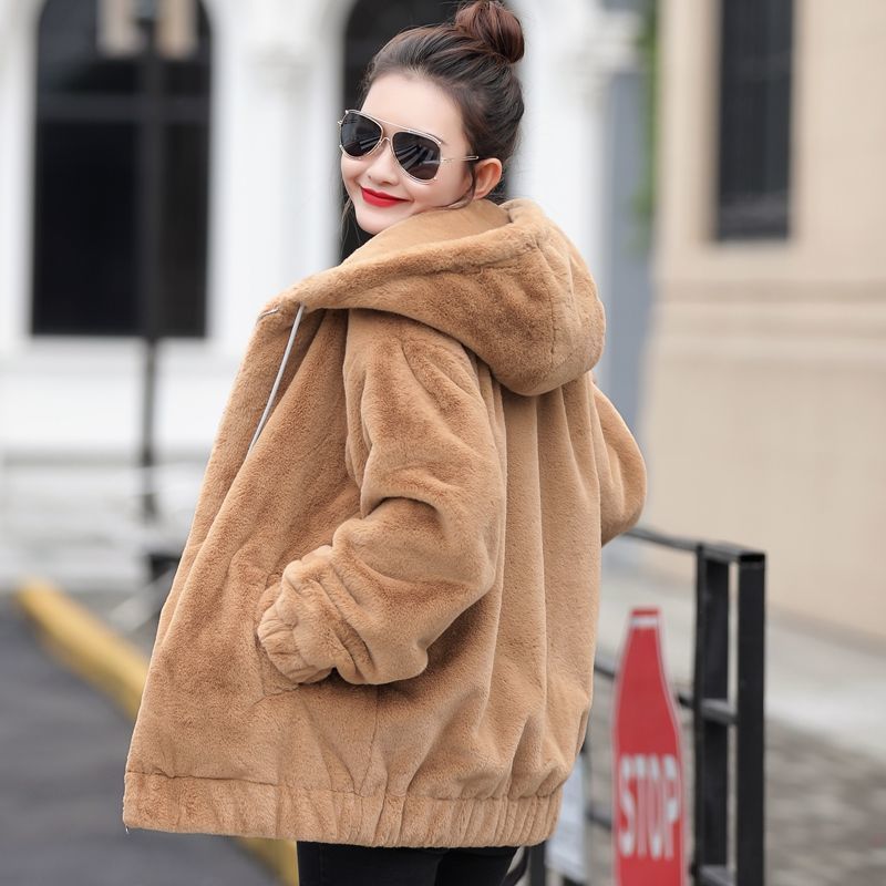 Flannel Hooded Coat Women's Mid-length Winter New Korean Style Loose Plush Warm Long-sleeved fleece-lined Short Coat