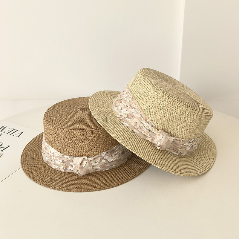 Pastoral Style Floral Flat-Top Straw Hat for Women Summer Travel Sunshade Straw Hat Seaside Vacation Beach Hat Sun Protection