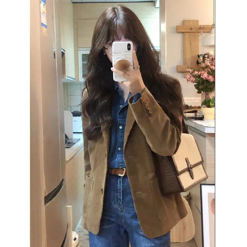 Corduroy coat small suit for women small this year popular spring and autumn new high-end temperament elegant camel