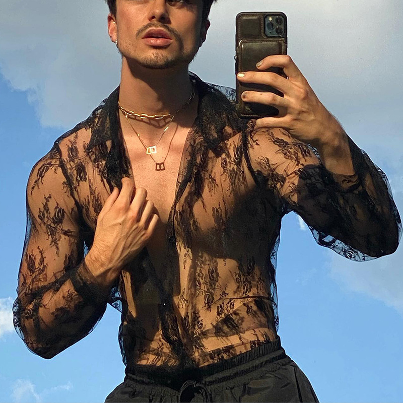 Cross-Border 2026 European and American Men's Autumn Casual See-Through Tops Slim Fashion Long-Sleeve Sexy Shirts Lace Shirts