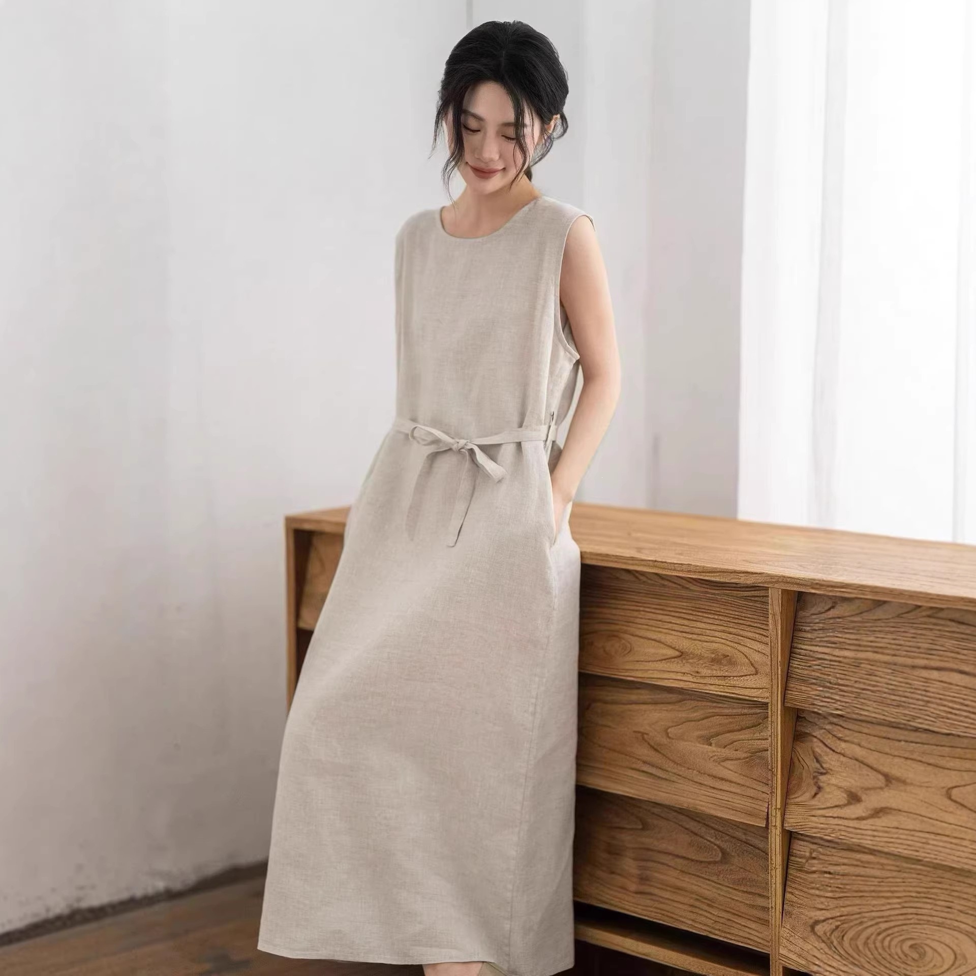 Summer New Versatile Loose Plus-Size Mid-Length Dress, Comfortable Linen Sleeveless Tank Dress for Women