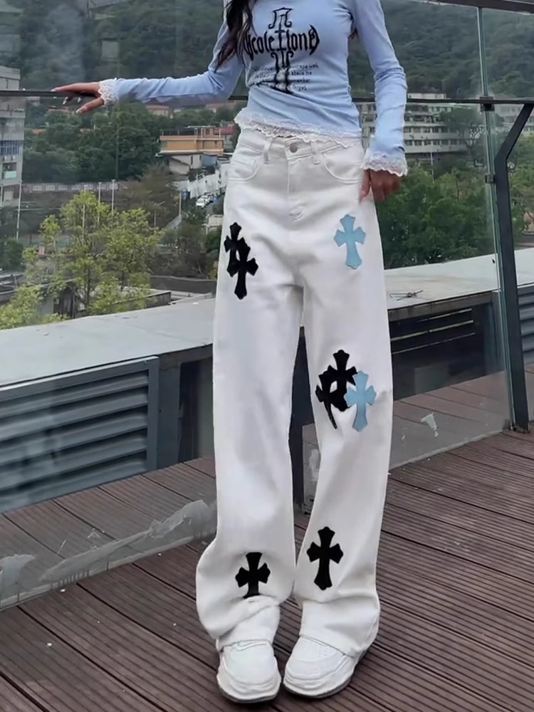 Spring and Summer Jeans Autumn Cross-border Street Pants Niche Design Sense White Cross Men's and Women's Straight Straight Pants