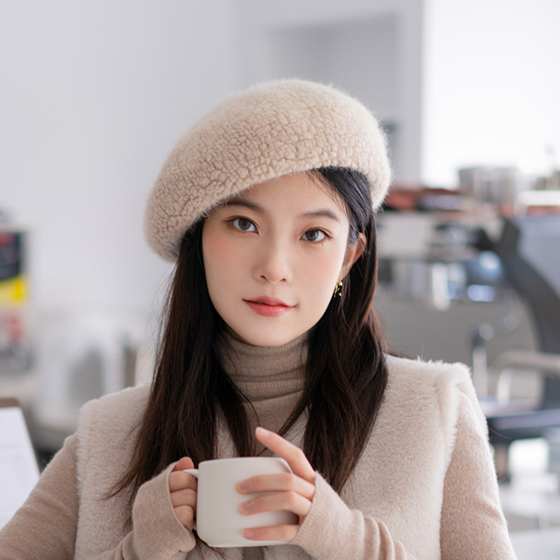 Beret Women's Autumn and Winter Thick Breathable Rabbit Fur Hat Korean Style Japanese Wool Bud Hat British Painter Hat