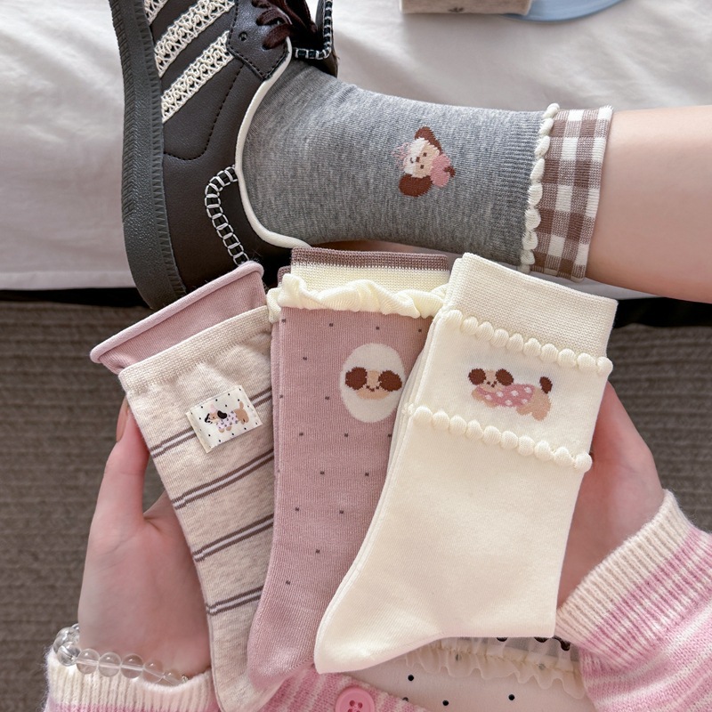 Super Cute Puppy Unlocks Spring! Super Korean-Style Seamless Cartoon Puppy Socks, Women's College-Style Color-Blocked Mid-Calf Socks