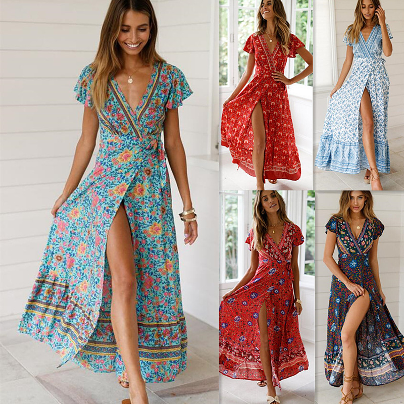 Spot new cross-border Amazon summer leisure hot holiday printed dress sexy dress women's clothing