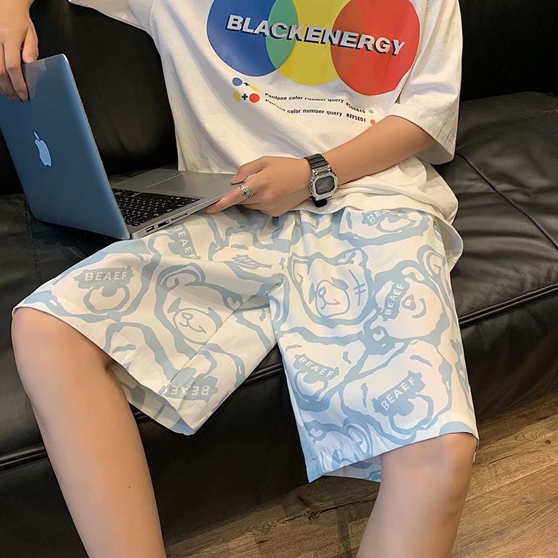 Bear full print casual shorts male ins Tide brand summer thin beach pants loose trend students