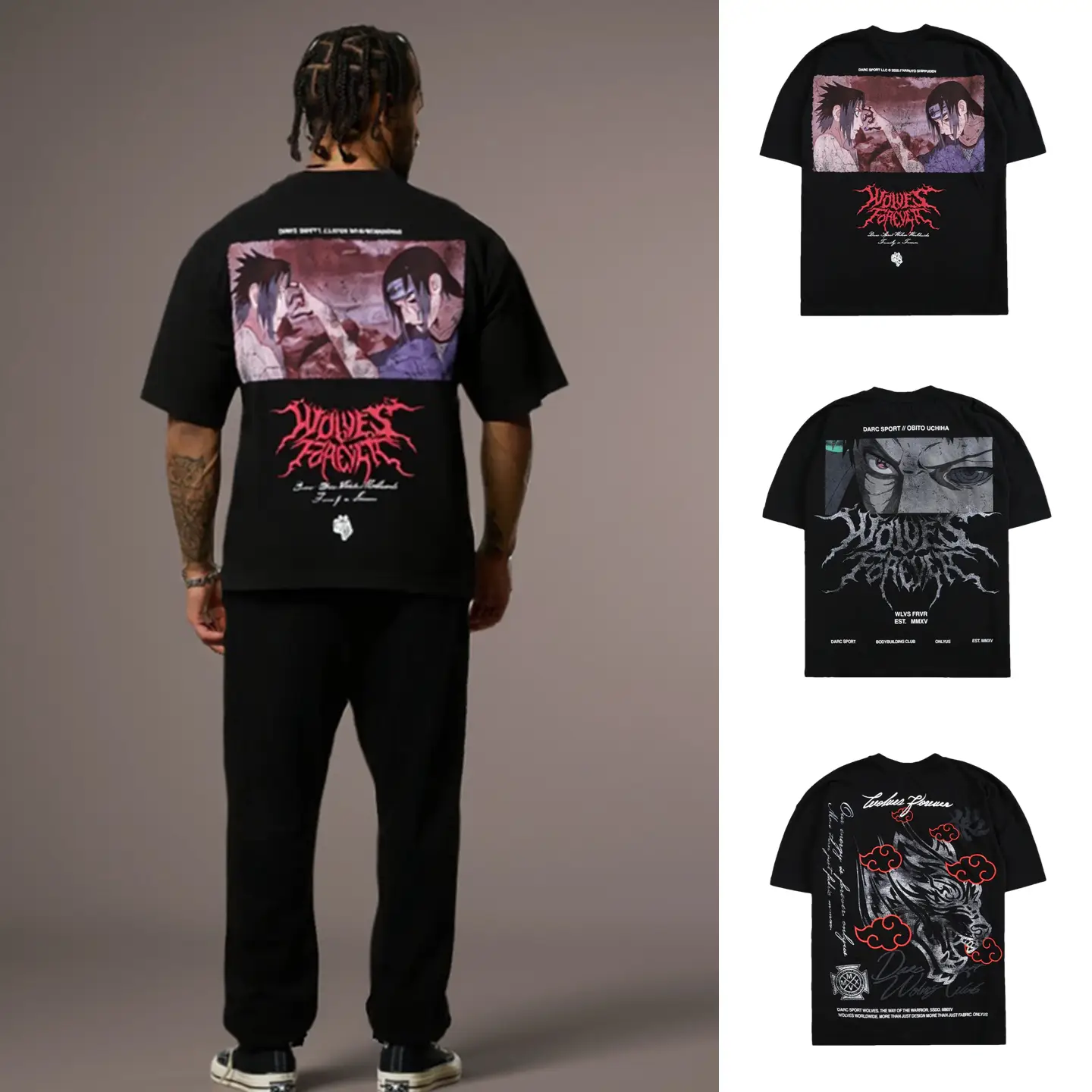 Ds Wolf Head Naruto American-Style Fitness Short-Sleeve T-Shirt for Men, Sports Training Clothing, Retro Loose Heavyweight Top