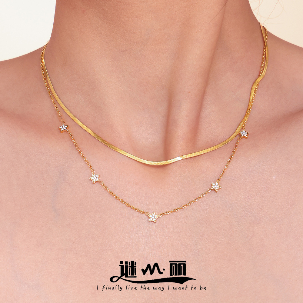 Enigma Ins Five-pointed Star Inlaid Zircon Small Diamond All over the Sky Star Clavicle Necklace Titanium Steel Gold Plated Simple Double-layer Jewelry