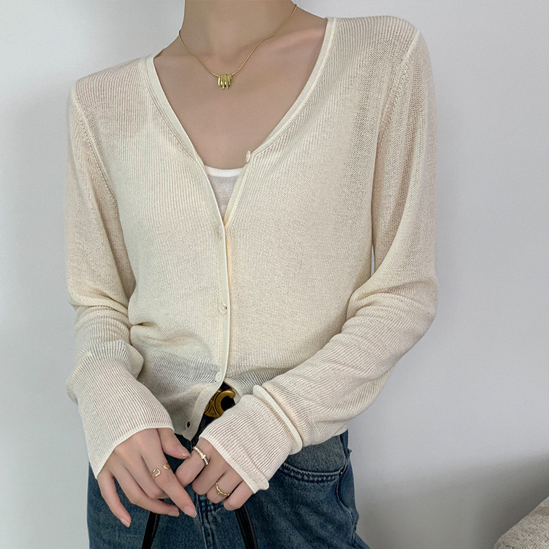 Spring New Women's Clothing Tencel Wool Blend Knitted V-Neck Cardigan Jacket Women's Long-Sleeved Shawl Thin Jacket