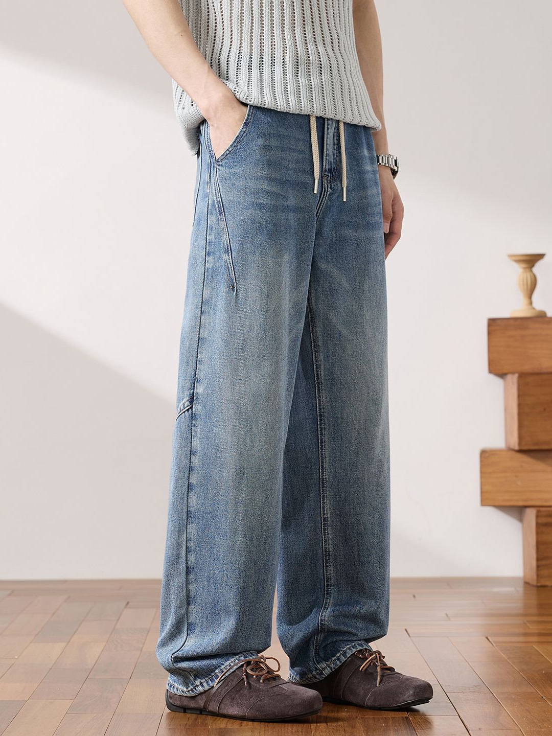 Shanggu Men's Clothing Spring New Washed Cotton Wide-Leg Jeans Loose Fit Slimming Fashionable Casual Versatile
