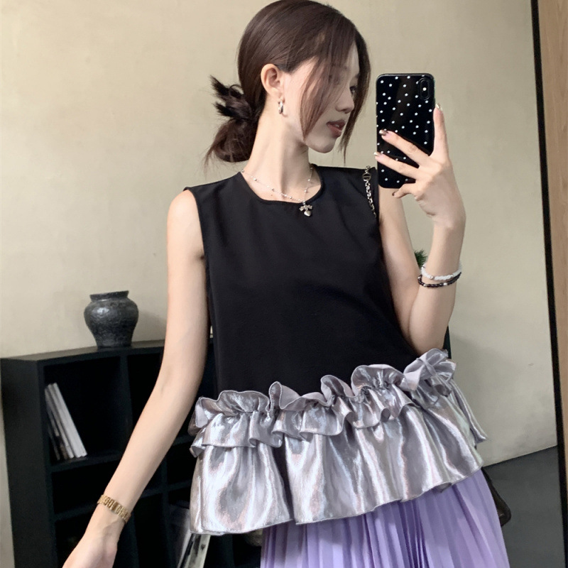 French Ruffle Splicing Chic Sleeveless Shirt High Waist Pleated Skirt Women's New Summer Two-Piece Set