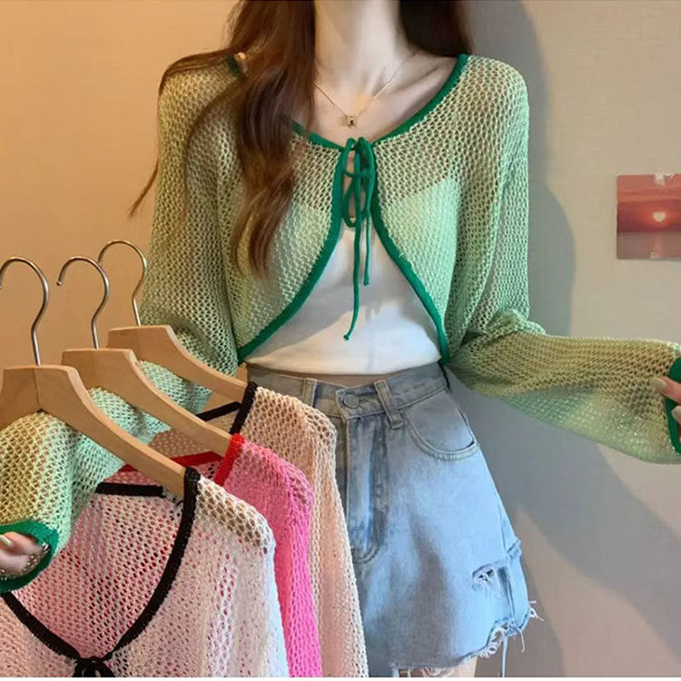 2026 Spring and Autumn New Style High-End Fashionable Chic Versatile Thin Lace-Up Knitted Hollow-Out Short Top for Women