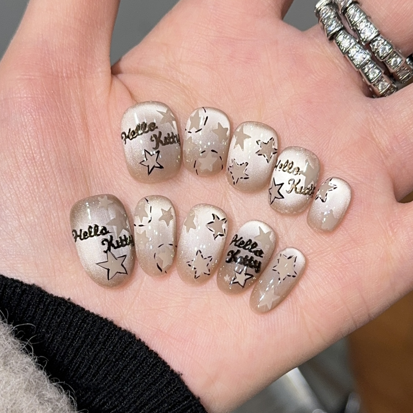 [Star Wish] Hot Girl Cartoon Star Cat Eye Purely Handmade Wearable Nails Wholesale Short Manicure Patch Fake Nails