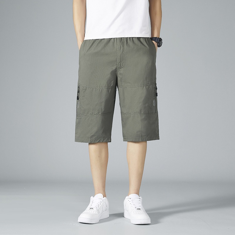 Summer Thin Casual Pants for Dad, Beach Shorts, Pure Cotton, Multi-Pocket, Three-Quarter Length, Large Size, Loose Fit, High Quality, Cross-Border