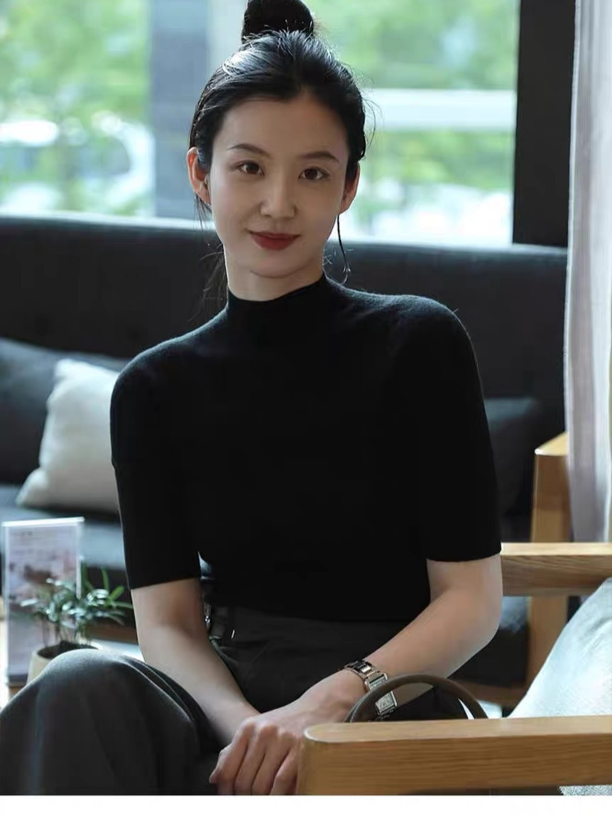 Black Mock High Collar Mid-Sleeve Knitted Shirt Women's Spring and Summer Thin Slim-fit Slimming Tencel Base Shirt Half-sleeve Top
