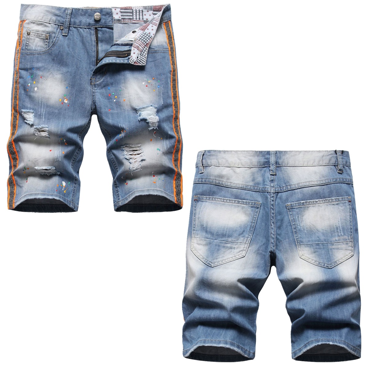 Europe and the United States cross-border exclusive for American fashion shorts night reflective color ribbon hole hand splash paint denim pants