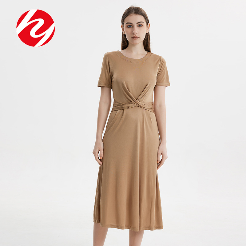 Huaye New Summer Solid Color Silk Dress Women's Round Neck Lace-up Waist Mulberry Silk Skirt Elegant Long Dress