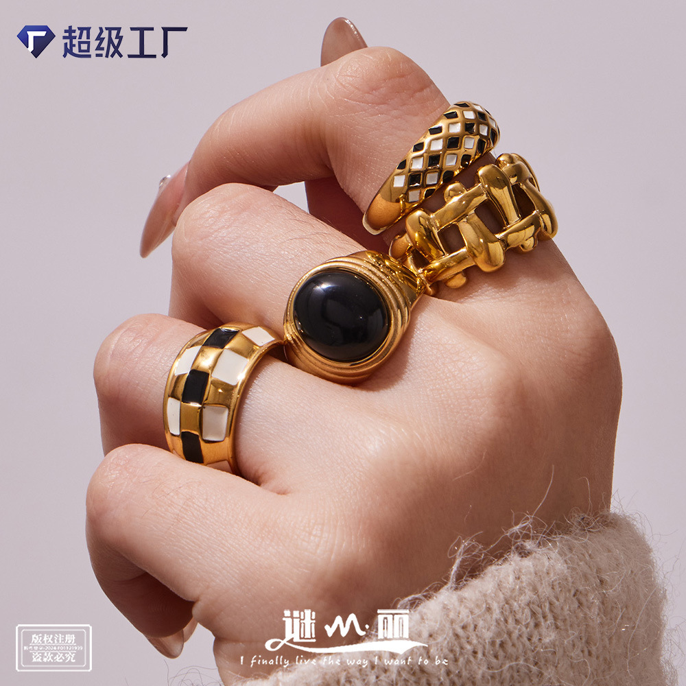 Mysterious Checkerboard Pattern Oil-Drip Open Index Finger Ring with Vintage Style, Fashionable and Unique Stainless Steel Ring Set Wholesale