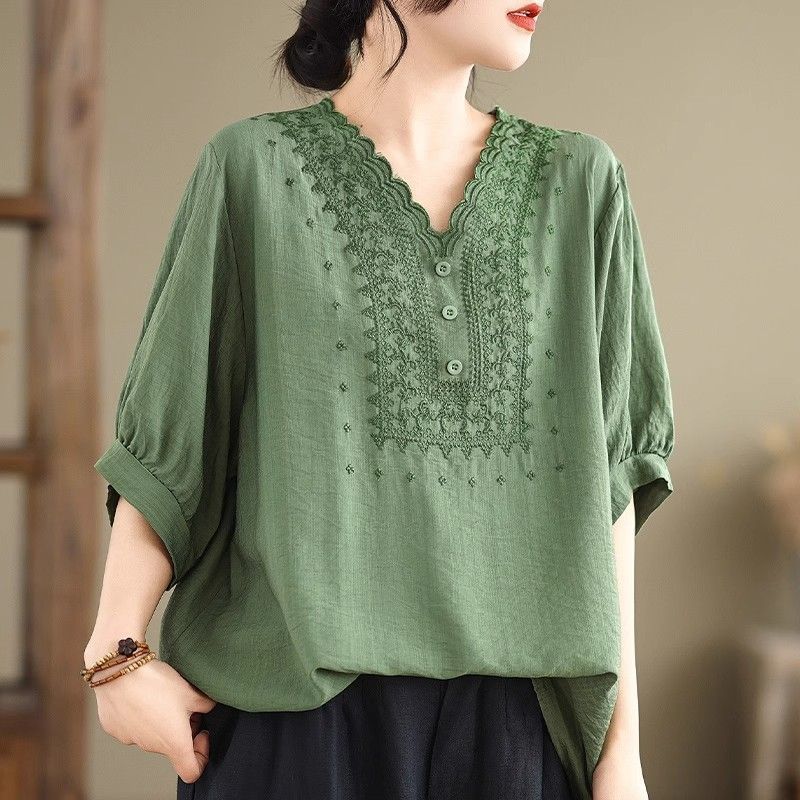 Literary Large Size Cotton and Linen T-Shirt Women's Summer New Retro Loose Three-Quarter Sleeve Top Mom Summer Wear
