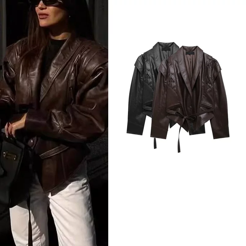 Spring New Women's Clothing European and American Fashion Slim Fit Versatile Belt Pu Faux Leather Jacket Coat