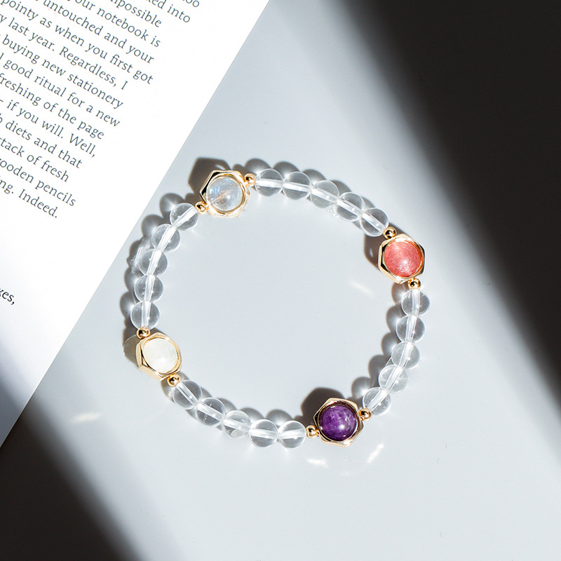Badu Strawberry Crystal Moonstone Amethyst Bracelet Four Elephants of Peach Blossom Crystal Bracelet Girls' Gift Transfer Beads Bracelet