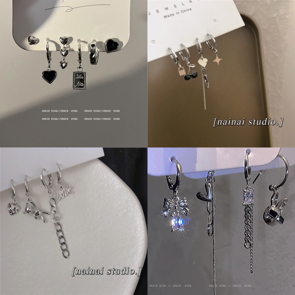 Dark Style~Japanese and Korean Heart-Shaped Earrings Wholesale Sweet Cool Temperament Versatile Unisex Earrings Six-Piece Set