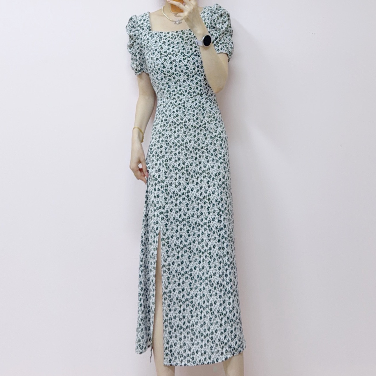 2026 Summer New Fashion Elegant Floral Square-Neck Puff-Sleeve Waist-Cinching Slimming Dress 705