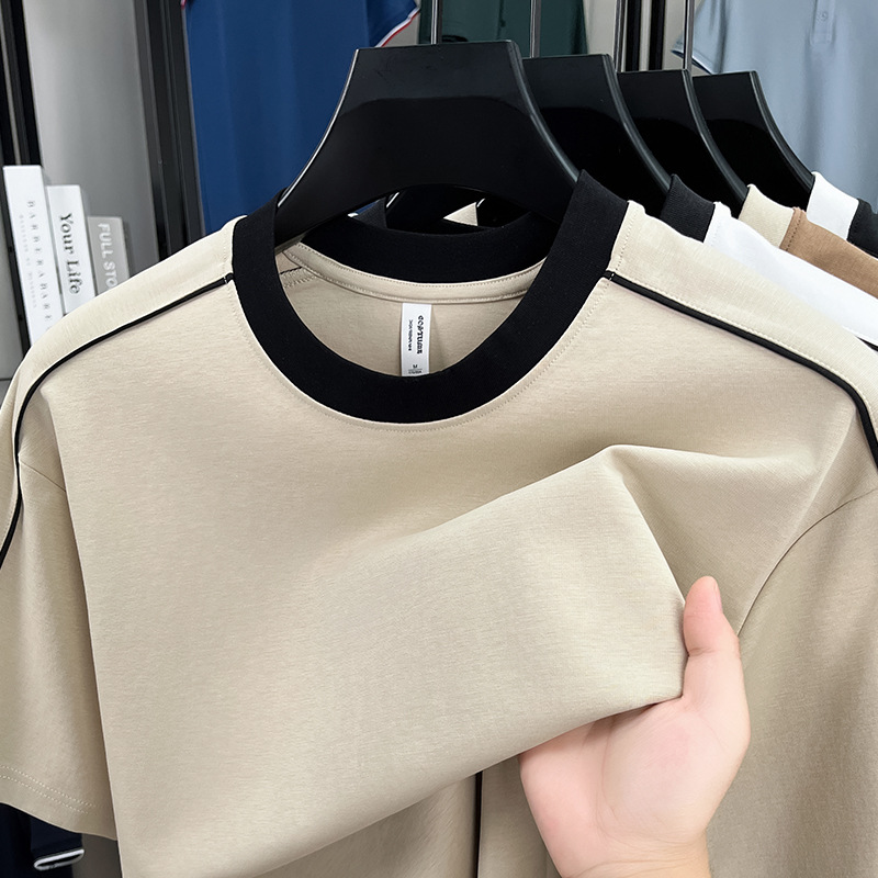 Ice Silk Cool Short-Sleeved Men's Round Neck T-Shirt Color Matching New Loose Shoulder Sleeves High-End Heavy Cotton Men's T-Shirt