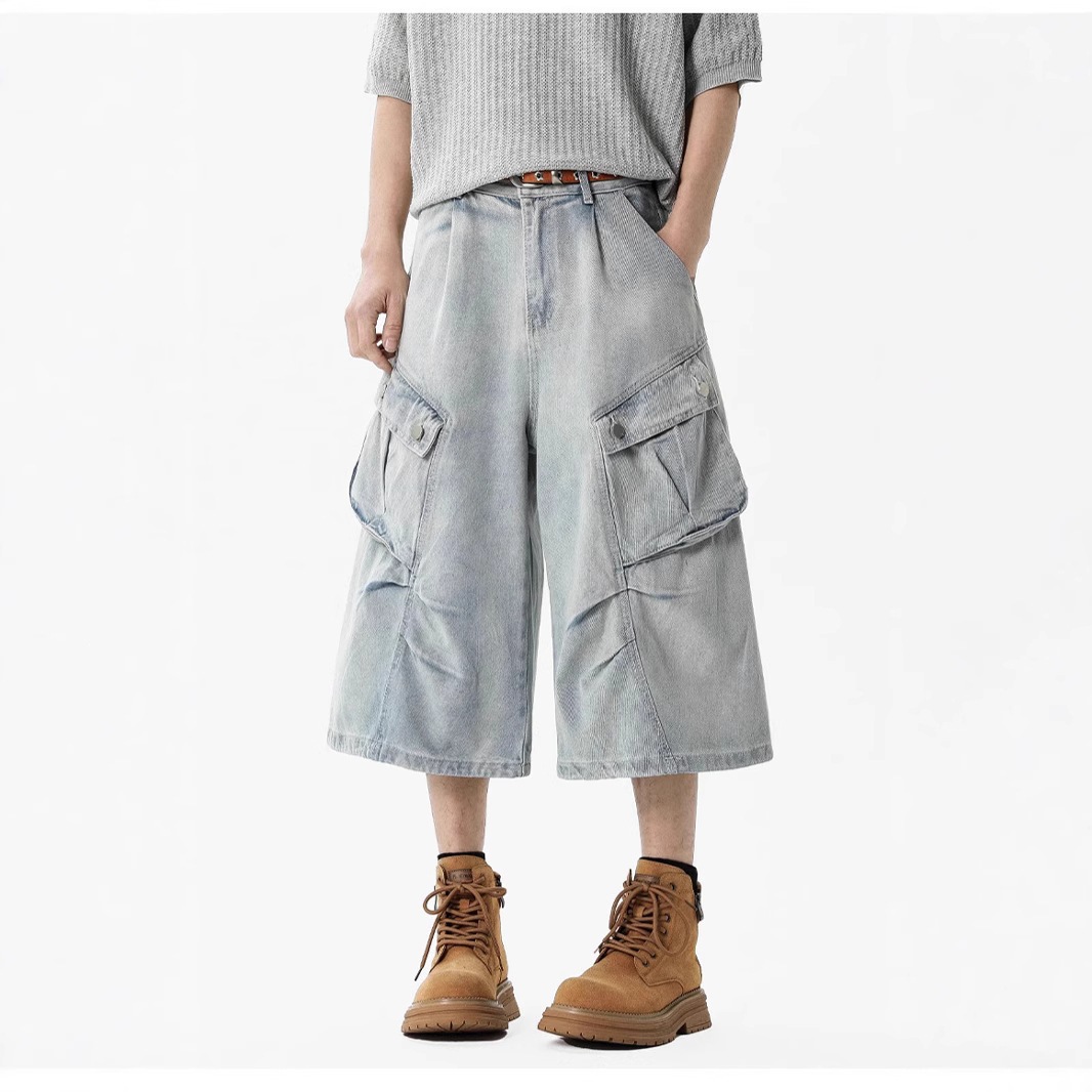 American Retro Wide-Leg Washed Denim Cropped Pants for Men, High Street Straight Loose Multi-Pocket Cargo Shorts for Men