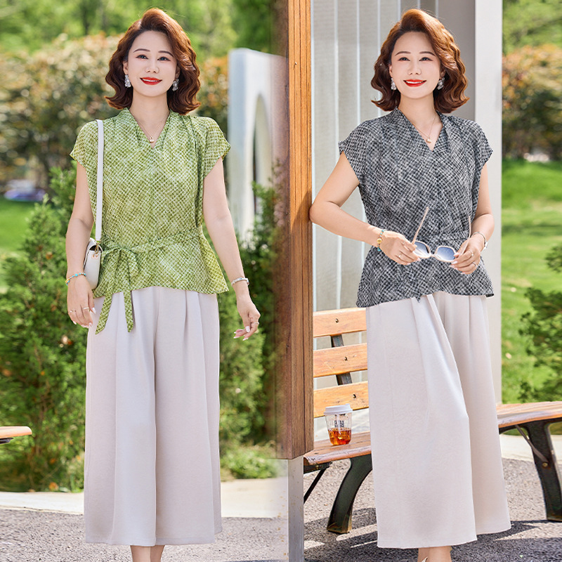 New Chinese-Style National Fashion Two-Piece Set for Moms, Summer Thin Style 2026 New Model, Loose and Fashionable Wide-Leg Versatile Pants Set