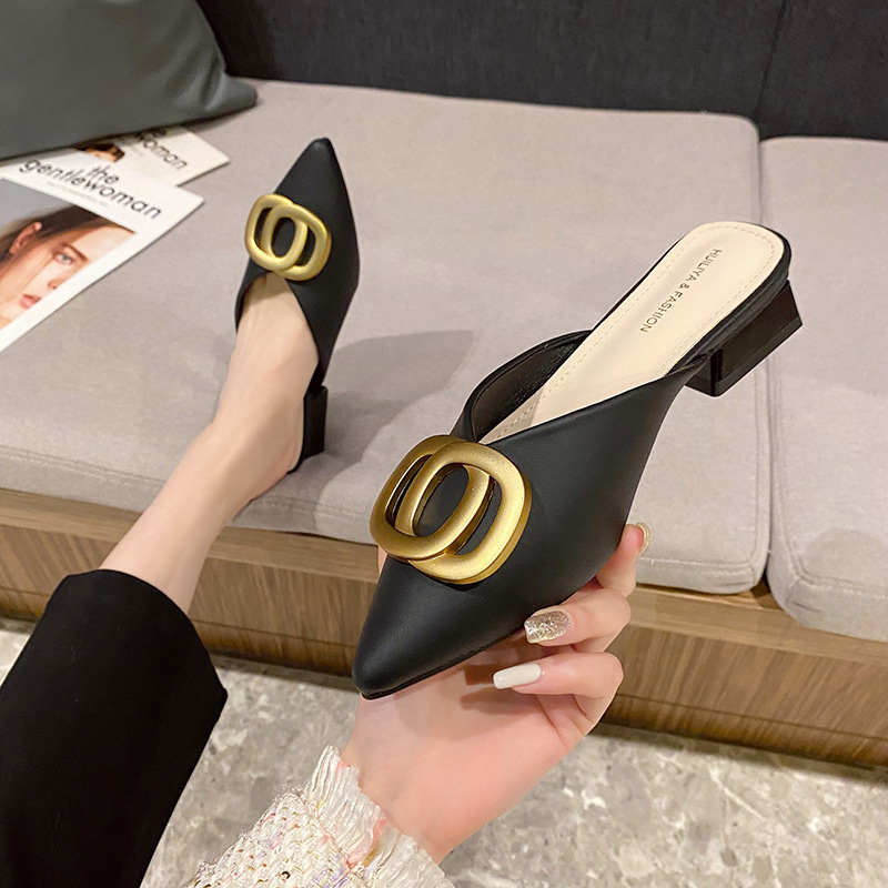 Pointed Toe Half Slippers for Women, 2025 New Korean Style Versatile Chunky High Heels, Closed-Toe Sandals, Trendy 6011-1