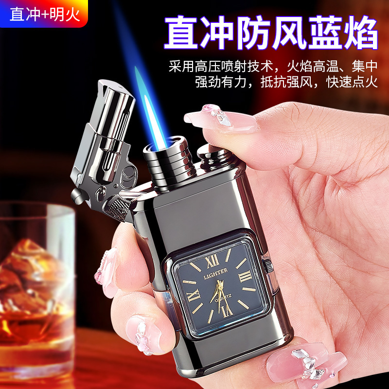 Embossed three-dimensional pattern double fire inflatable lighter multi-function with watch plate visible air bin straight forward lighter cross-border
