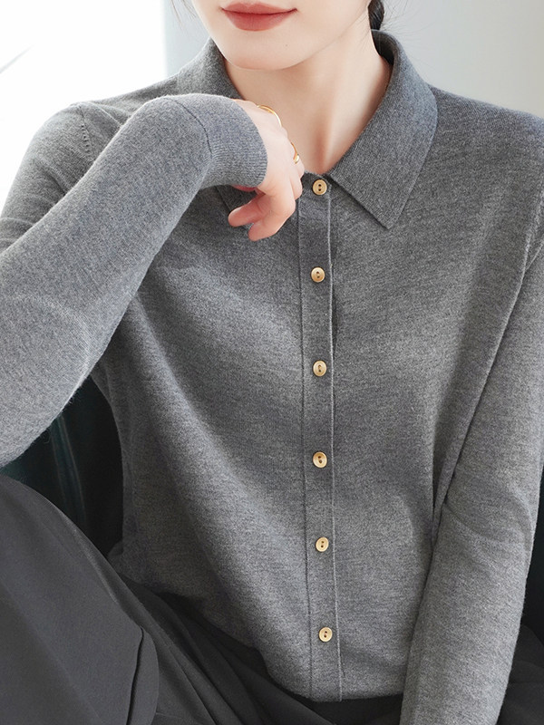 Z.M.R Old Money Style Polo Collar Fine Knit Cashmere Blend Cardigan for Women, Simple Slim Fit Turn-Down Collar Shirt Top