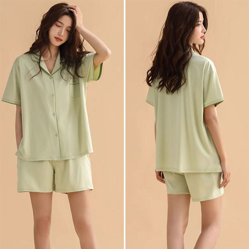 Foreign Trade Pure Color Korean Style Pajamas for Women Cotton Simple Casual Style Cardigan Small Fresh Home Wear Cardigan Short-Sleeved Suit