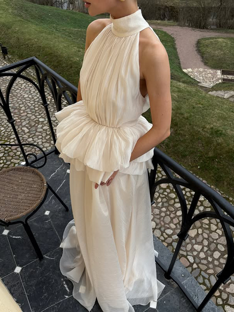 Elegant Wedding Dress High-End Dress Collection 2026 Summer New High-Neck Sleeveless Waist Ruffle Long Dress