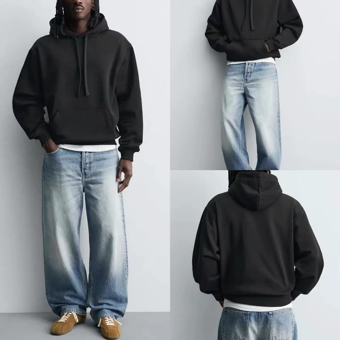 Cabinet 399! Za Spring New Men's Loose Casual Versatile Heavyweight Basic Black Hooded Sweatshirt 0761810