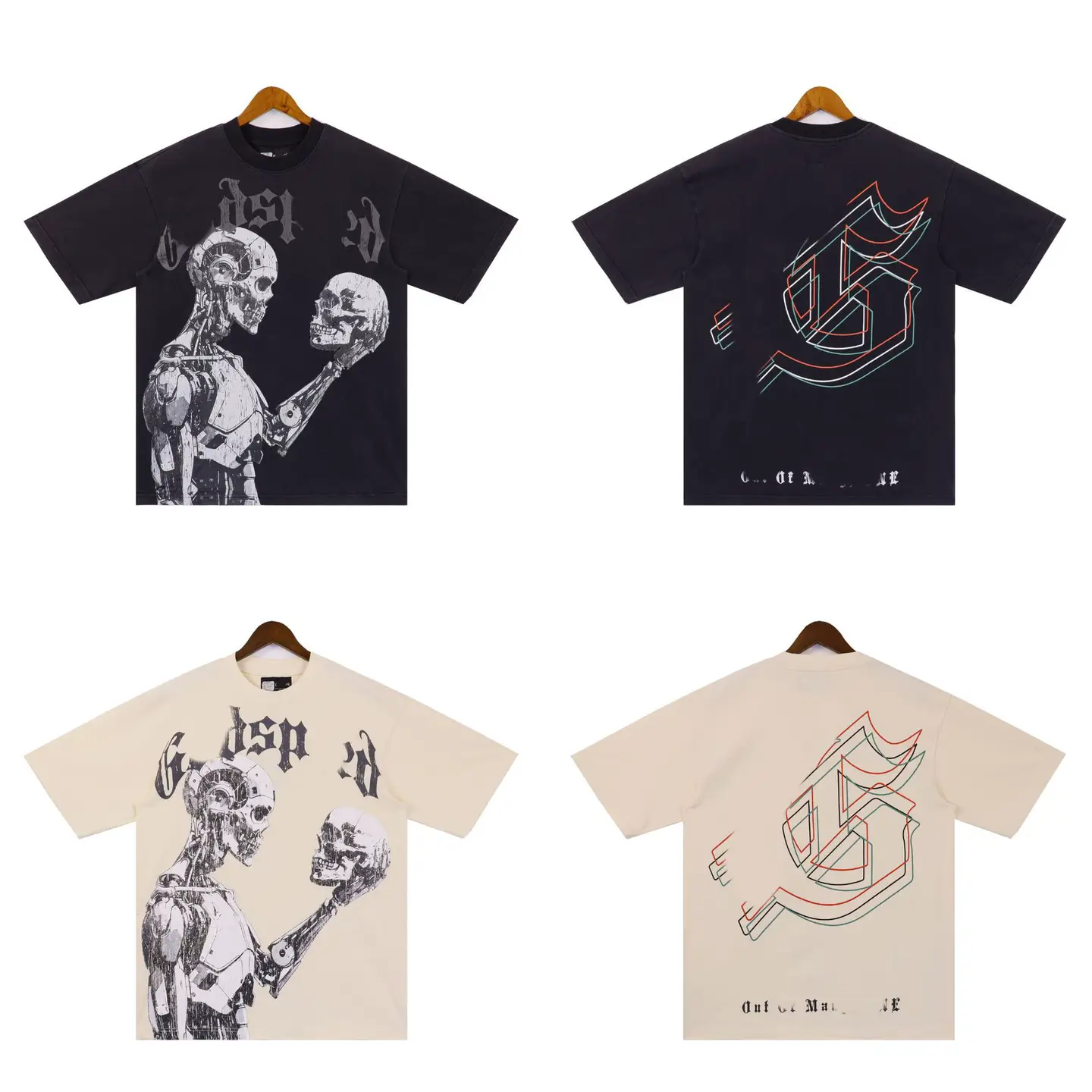 Men's washed T-shirt new Godspeed skull robot pattern round neck short-sleeved summer casual body t-shirt tide