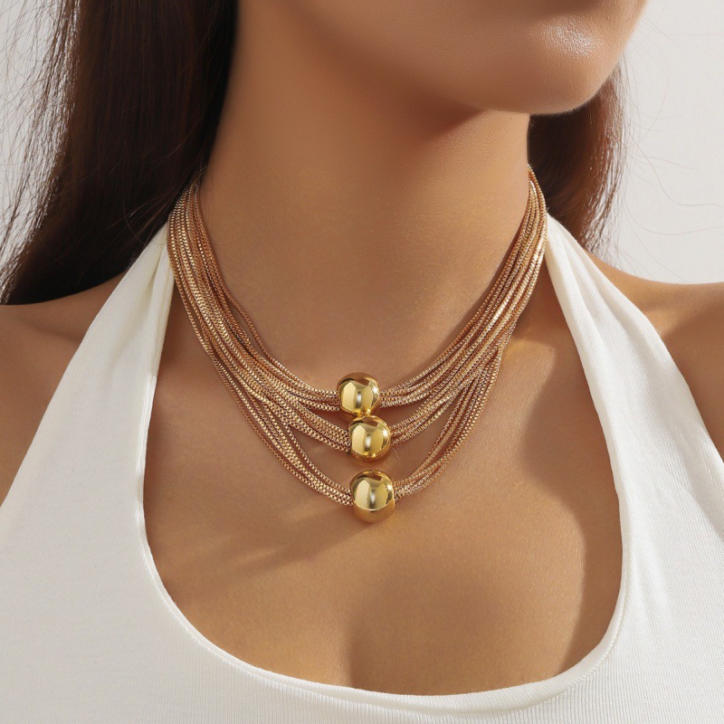 European and American Cross-border Exaggerated Punk Multi-layer Chain Stacked Necklace Simple Niche Geometric Ball Personality Necklace Jewelry